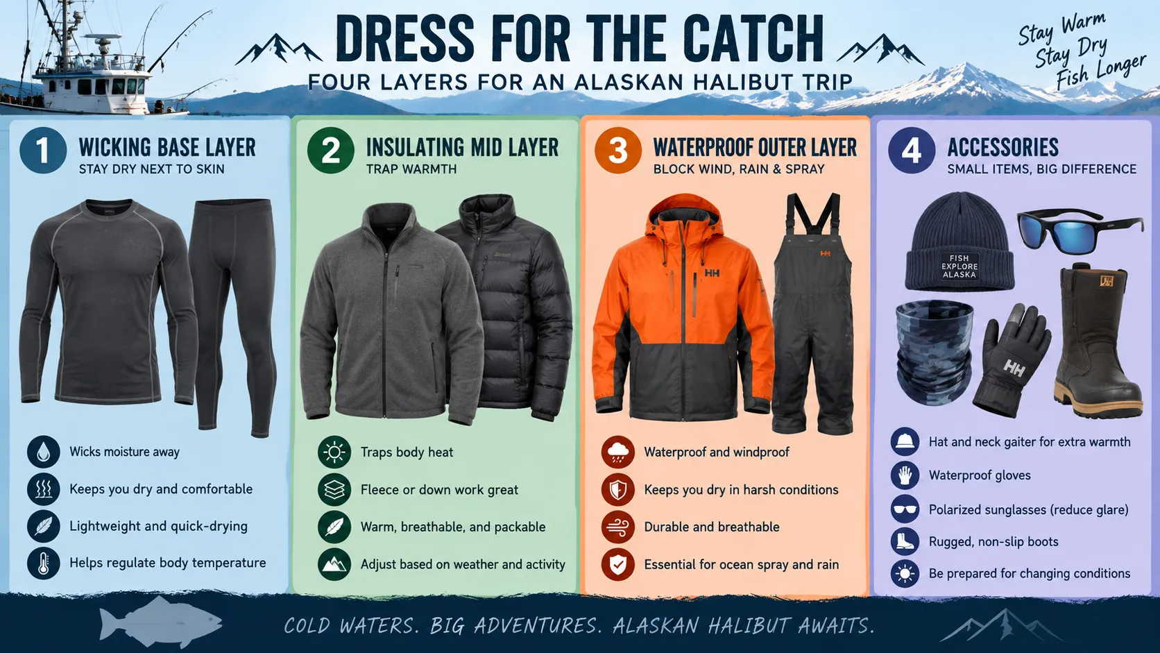 A diagram of the four layers for an Alaskan halibut trip. Each layer is described in the text below.